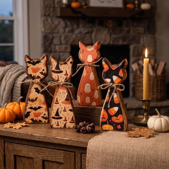 Halloween Cat Decor Wooden Candy Corn Pattern Cat Halloween Decor 6 Inch Rustic Fall Halloween Decor for Shelf Mantel Home Tabletop Display, 1 Pack