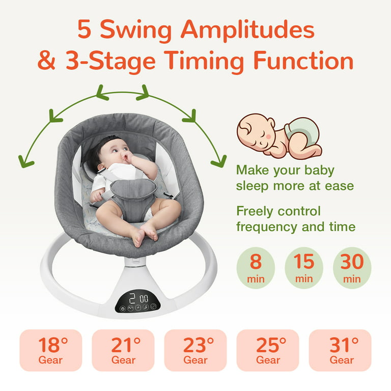 5 Adjustable Swing Amplitudes?Our baby electric rocking chair has 5  different swing amplitudes to choose from, and they are 18?, 21?, 23?…