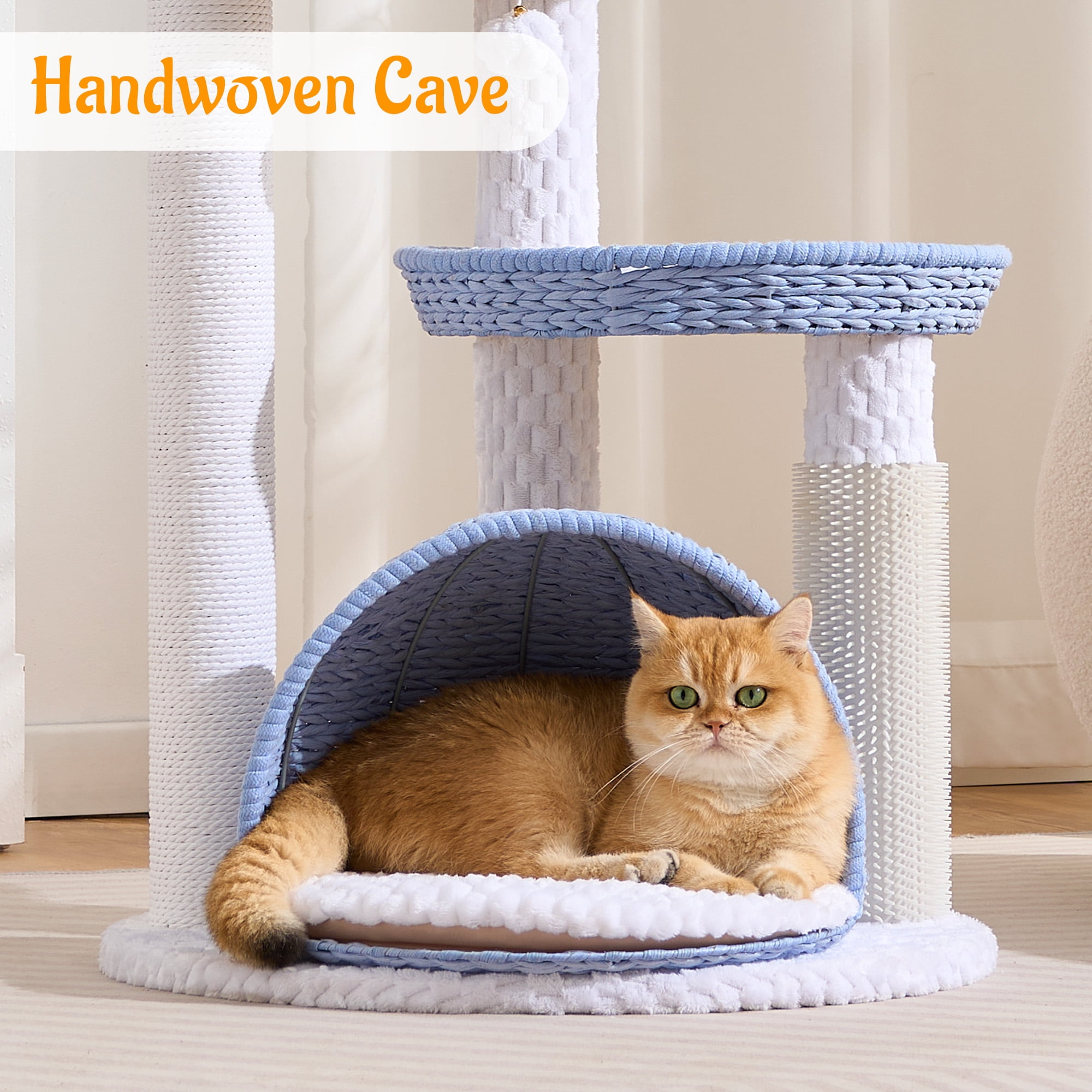 HITTITE Modern Cat Tree Tower with Scratching Post, 46 Inches Tall Cat Towers with Woven Cat Nests and Cave, Removable Cushions and Massage Brush for Indoor Cats Large Adult.