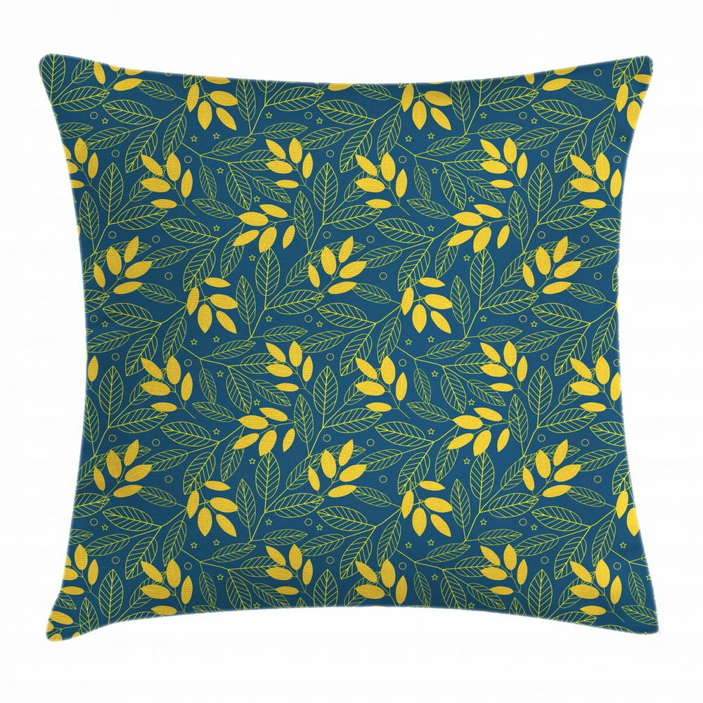 Yellow and Blue Throw Pillow Cushion Cover, Autumn Season Foliage with