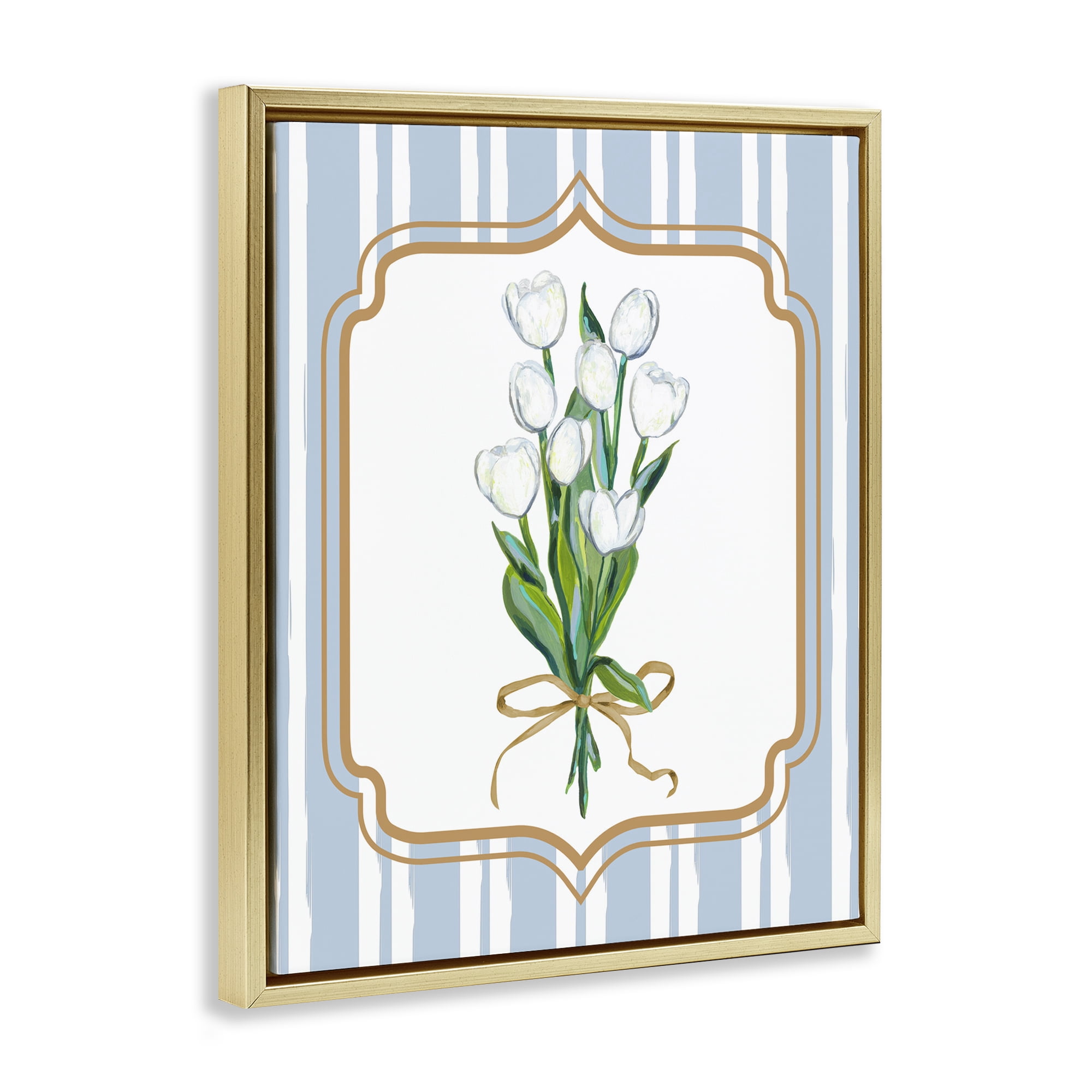 White Tulip Bouquet & Stripes Gold Framed Floater Canvas Wall Art, design by Adonna Ebrahimi