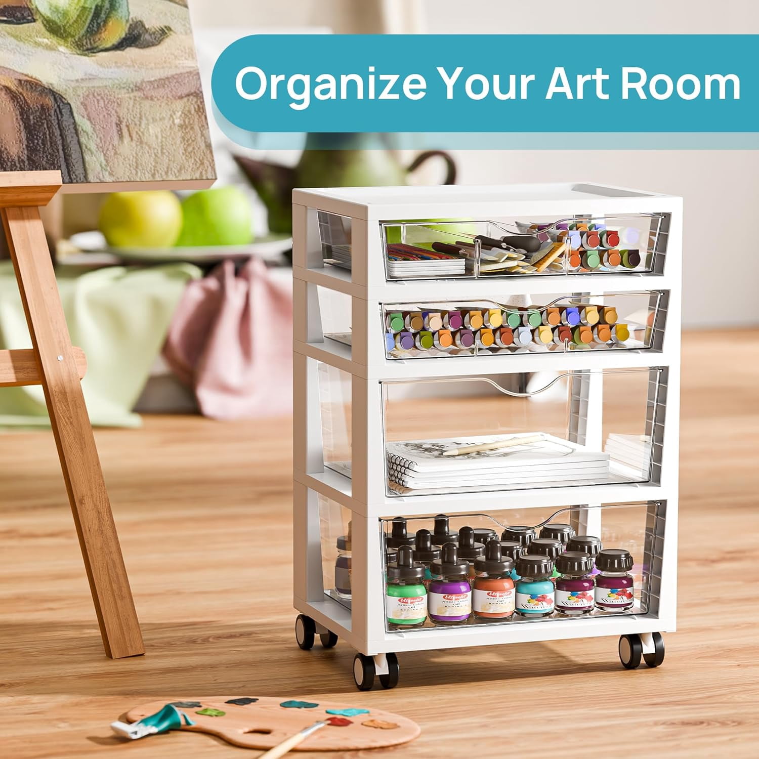 JessieMal Plastic Drawer Storage Rolling Cart with Wheels, 4-Tier Drawer Organizer for Art Crafts Supplies, Home Office Supplies, Toys, Under Desk Storage for Office, Craft Room, Bedroom, Classroom