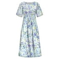 thumbnail image 3 of Robes Midi pour Femmes Été Décontractées Amples Bohèmes à Imprimé Floral Col Ras du Cou Manches Courtes Longueur Genou Robe Froncée avec Poches, 3 of 5