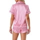 thumbnail image 3 of Conjuntos de pijama de satén para mujer INSPIRE CHIC, conjuntos de lounge de seda, camisa de botón de manga corta, pantalones cortos con volantes, ropa de dormir de 2 piezas, rosa a rayas, 3 of 6