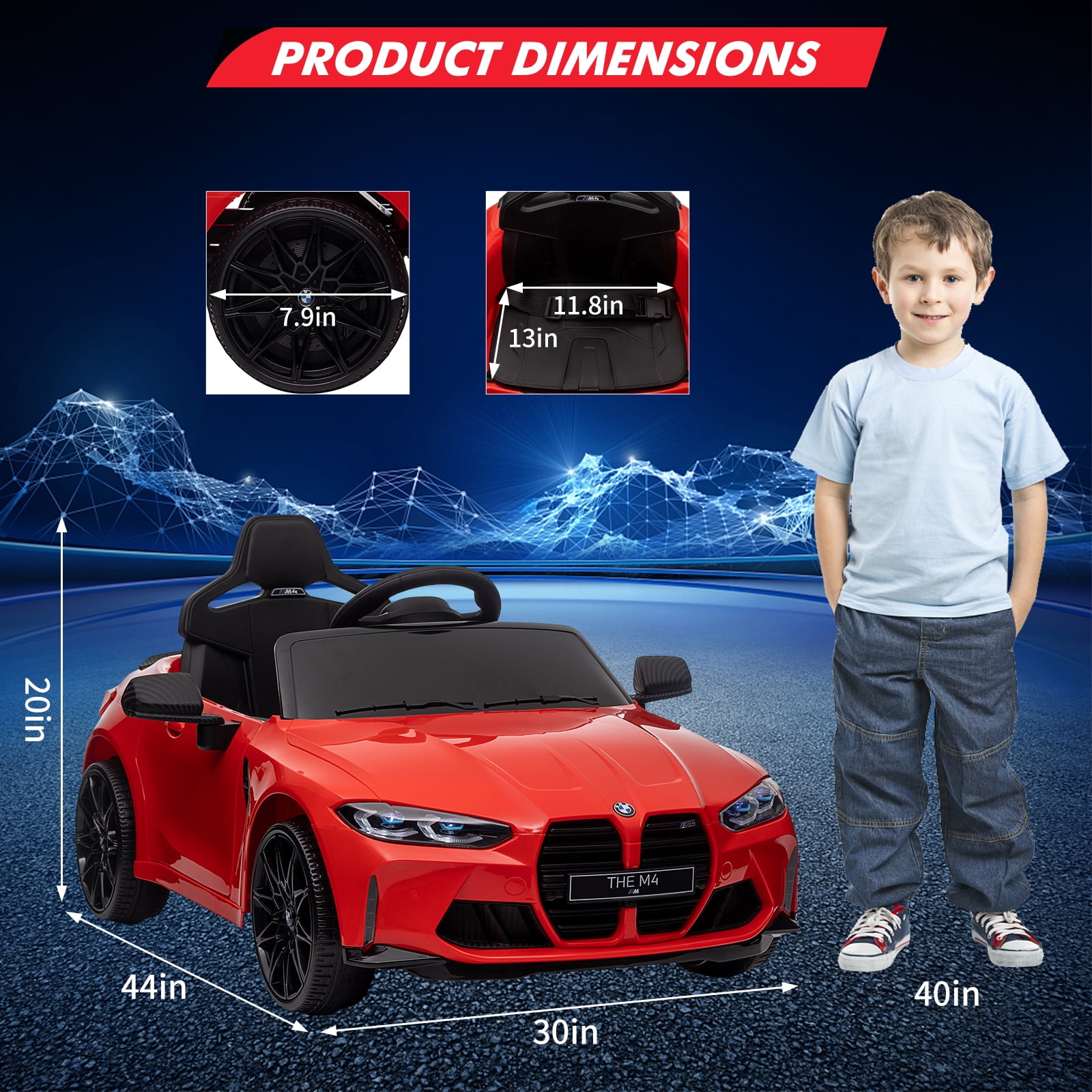 Joyspirit BMW M4 Licensed Remote Control Electric Ride-On Car for Kids - Bluetooth, 3-Speed, LED Lights, Suspension System,Red, Ideal for Ages 37-83 Months