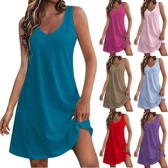 Mini Dresses for Women 2024 Plus Size Comfort Pocket Printing Sleeveless V-Neck Dress