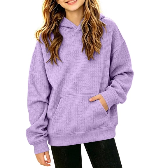 Girls Waffle Knit Hoodie with Pocket Casual Loose Fit Long Sleeve Trendy Kids Pullover Sweatshirt Fall Clothes Purple 10-12