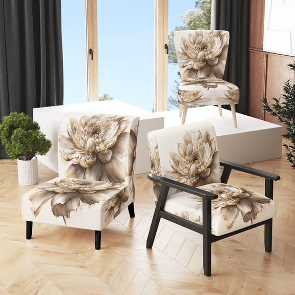 Designart "Solitary Beige Blossom I" Beige Floral & Botanical Upholstered Accent Chair - Traditional Arm Chair For Living Room