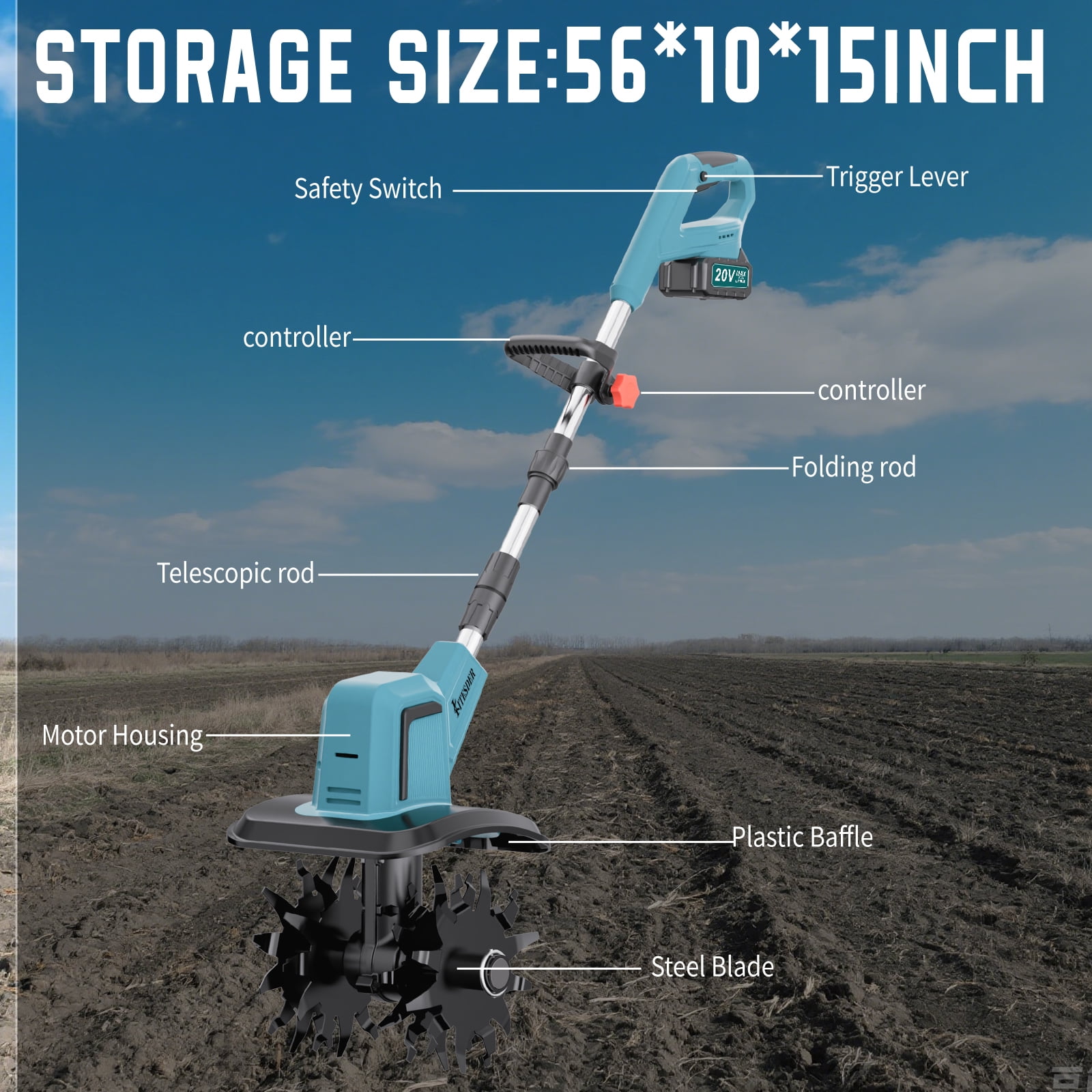 Garden Tiller Cultivator, Manganese Steel Tines, 2×Battery & Charger, for Soil Tilling Weeding Plowing, Compact Lightweight Garden Tool, Local Warehouse Shipping