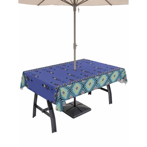 Outdoor Tablecloths with Umbrella Hole & Zipper, Navy Blue Boho Rectangle Tablecloth 52x70 Inch, Vintage Ethnic Tribe Abstract Art Retro Waterproof Table Cloth, Patio/Pool/Picnic Table Covers