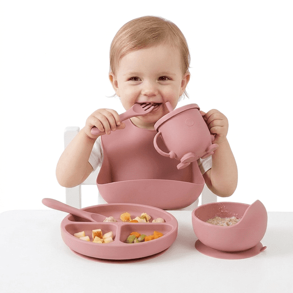 ROSEXIXI Silicone Baby Feeding Set 6 Pcs Baby Eating Essentials Strong Suction Toddler Plates And Bowls Set Soft Silicone Utensils With Straw Cup And Bib for Infants Self Feeding Training