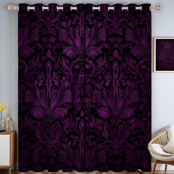Dark Purple Black Out Curtains,Dark Fantasy Style Damask Pattern Blackout Window Curtains Decor For Bedroom, Living Room, Art Gallery Grommet Window Drapes 42"W x 84"L (Pack of 2)