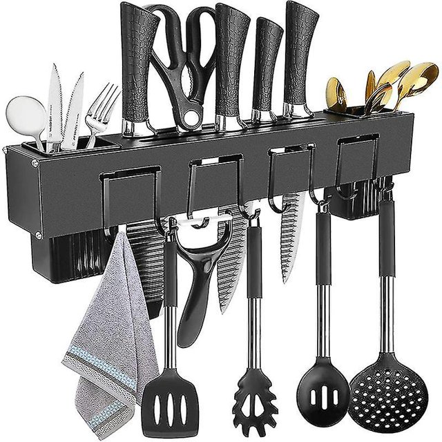 Estante de almacenamiento para cocina, soporte para cuchillos, estantes para utensilios de cocina con 8 ganchos deslizantes, organizador de cuchillos montado en la pared, estante de almacenamiento