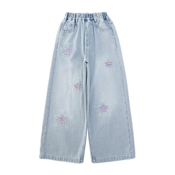 EnJoCho Girls Kids Star 𝖥rayed Raw Denim Jeans Summer Baggy Versatile 𝖸2𝖪 Wide Leg Straight Casual Bottoms Distressed Fashion Trendy Jeans Trousers Retro Street