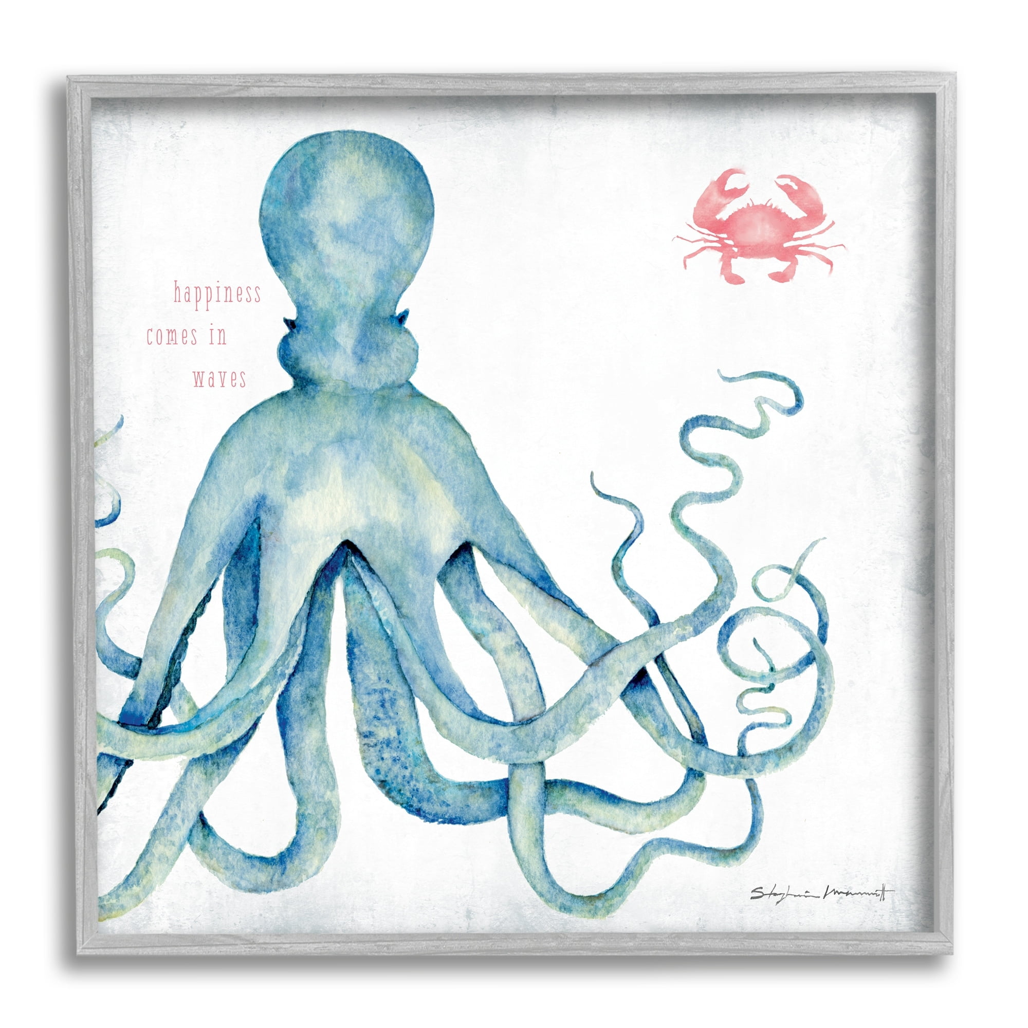 Stupell Industries Happiness Comes in Waves Blue Octopus Red Crab, 12 x 12, Design by Stephanie Workman Marrott
