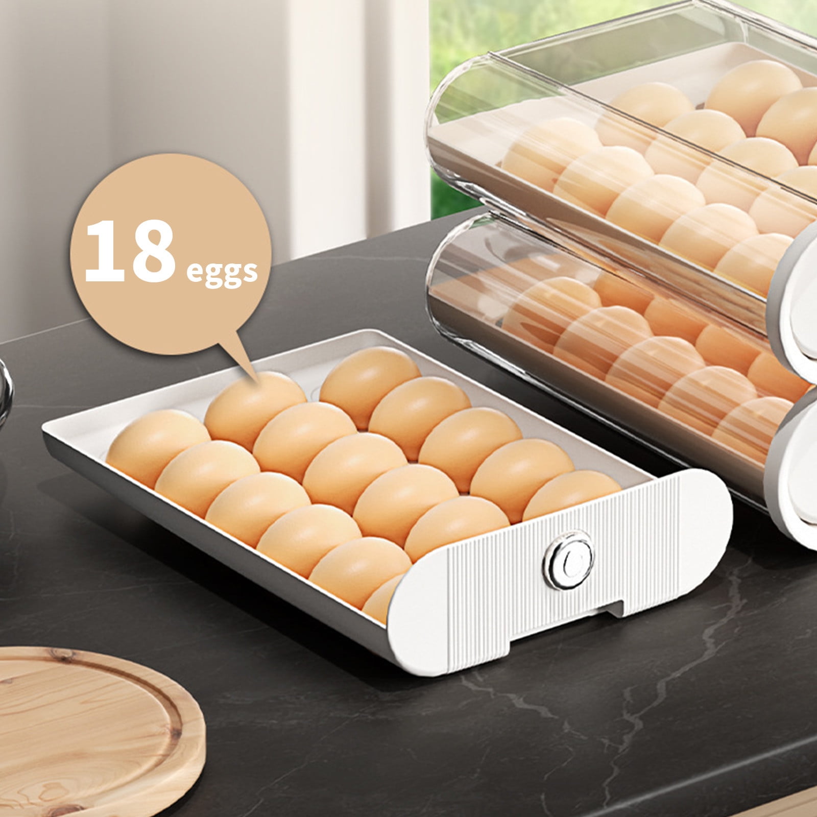 Refrigerator Egg Storage Container, Rolling Egg Holder With Lid And Large Capacity Design, Clear Stackable Egg Organizer Tray For Kitchen Fridge Space Saving Storage Solution