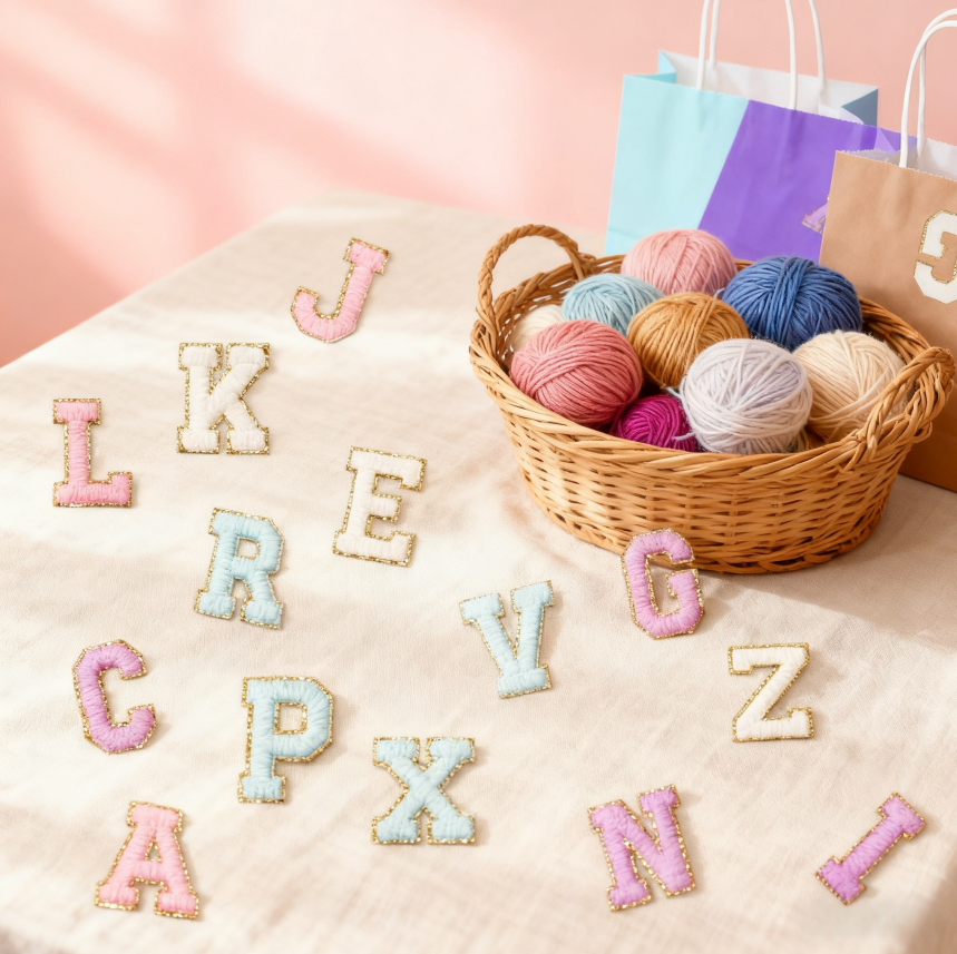 Chenille Letter Patches Kit - 104 Alphabet Stickers with Sewing Kits & 11 Cute Bows/Stars - No Sew Fabric Stickers for DIY Bags, Clothes, Hats, Gifts​​