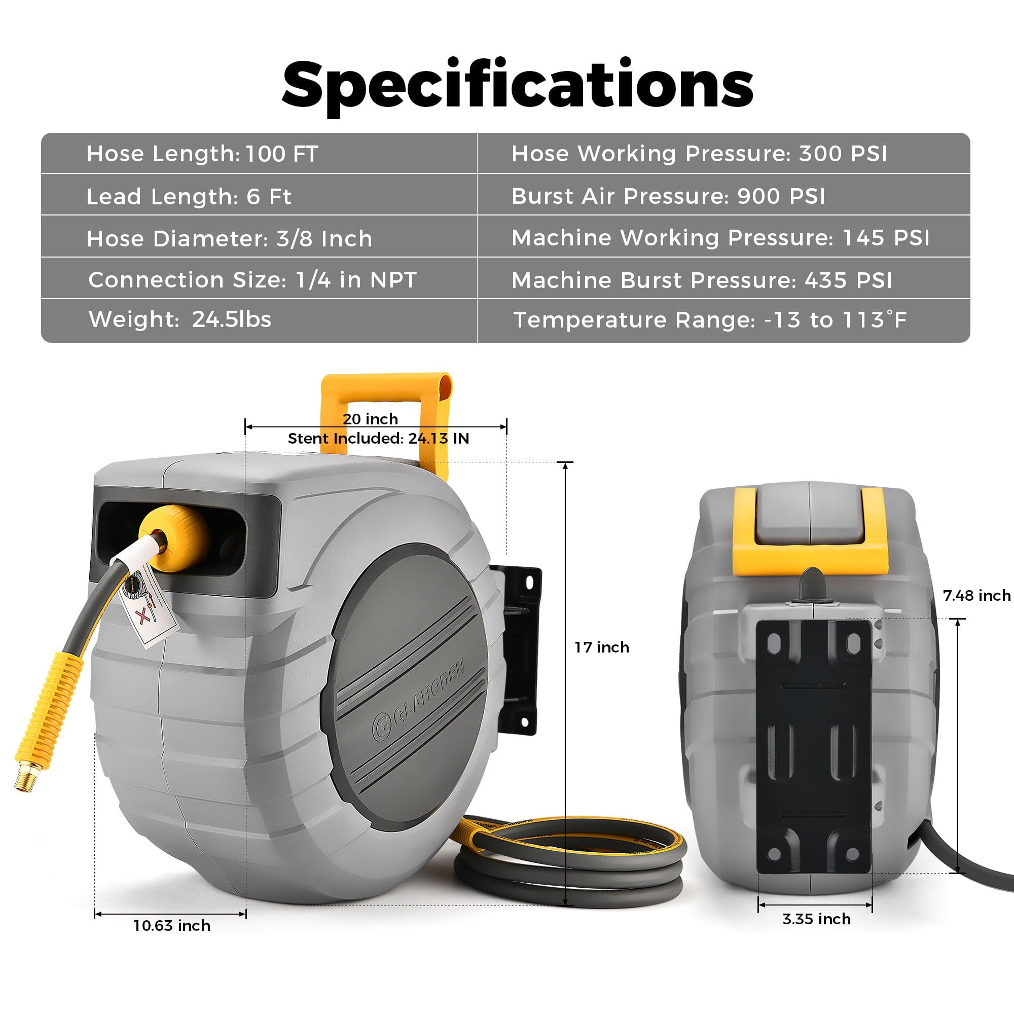 Glahoden Retractable Air Hose Reel, 3/8 in 100ft Hybrid Hose Air Compressor Hose Reel with 6 ft Lead in Max 300 psi 180°Swivel Bracket Quick Coupler