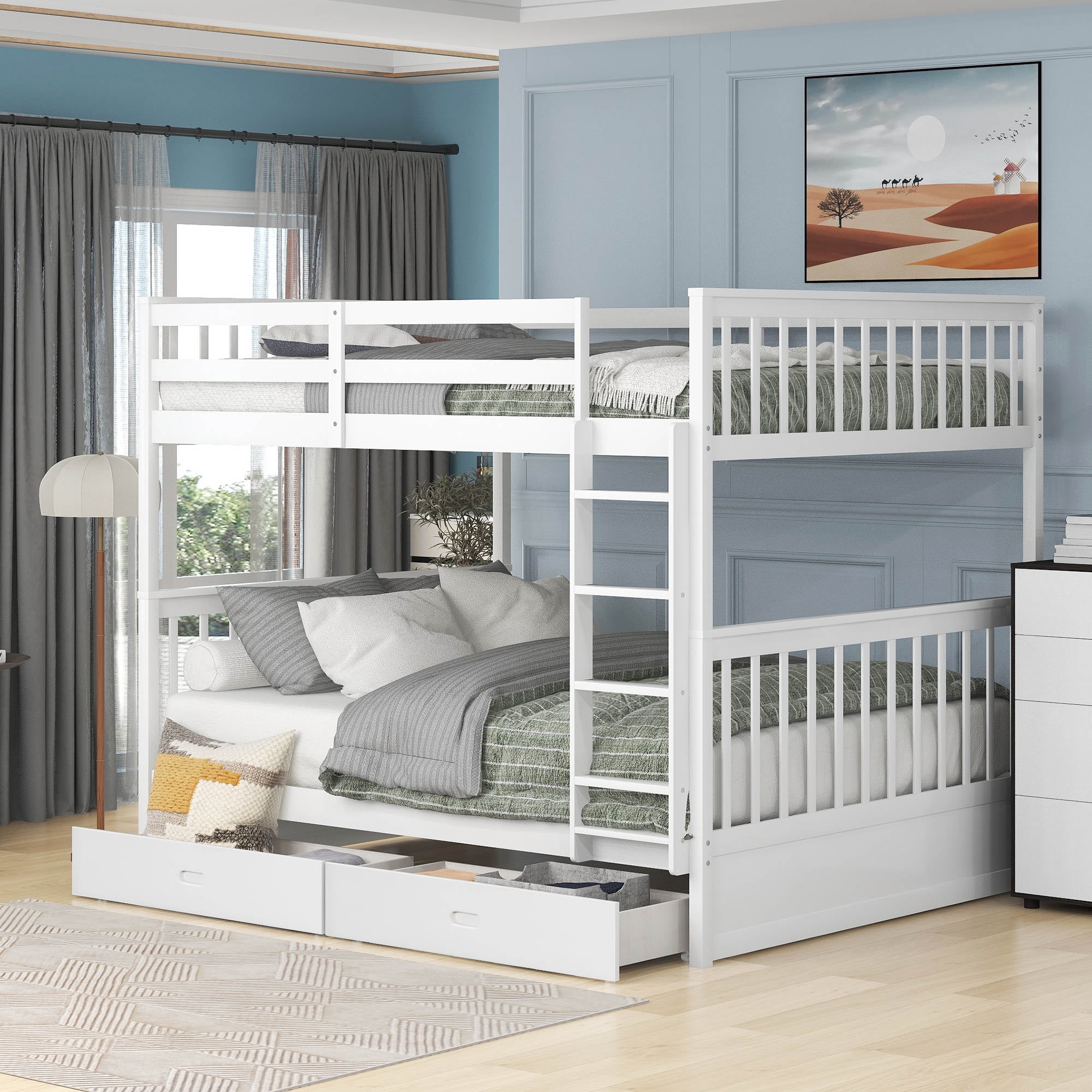FullOverFull Bunk Bed with Ladders and Two Storage Drawers, Convertible BunkBeds,Solid Pine