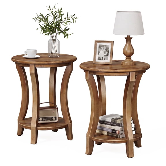 Finmind Solid Wood End Table, Round Side Table with Storage Shelf for Living Room, Bedroom, Vintage Brown (Set of 2)