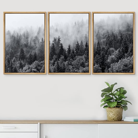 PixonSign Framed Wall Art Set Black & White Misty Mountain Forest Nature Wilderness Modern Artwork Landscape Decor Photography Chic for Living Room, Bedroom, Office - 24"x36"x3 Panels Natural