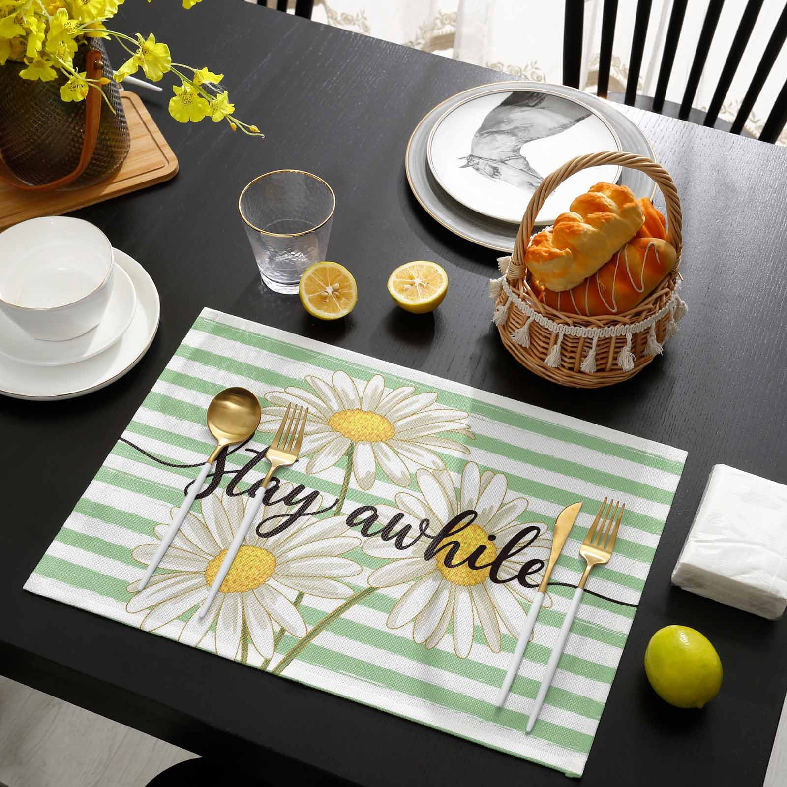 Daisy Flower Placemats Set of 4, Watercolor Farmhouse Country Floral Stripe Placemats for Dining Table, Place Mats for Kitchen Tabletop, Waterproof Wipeable Dining Table Mats Set
