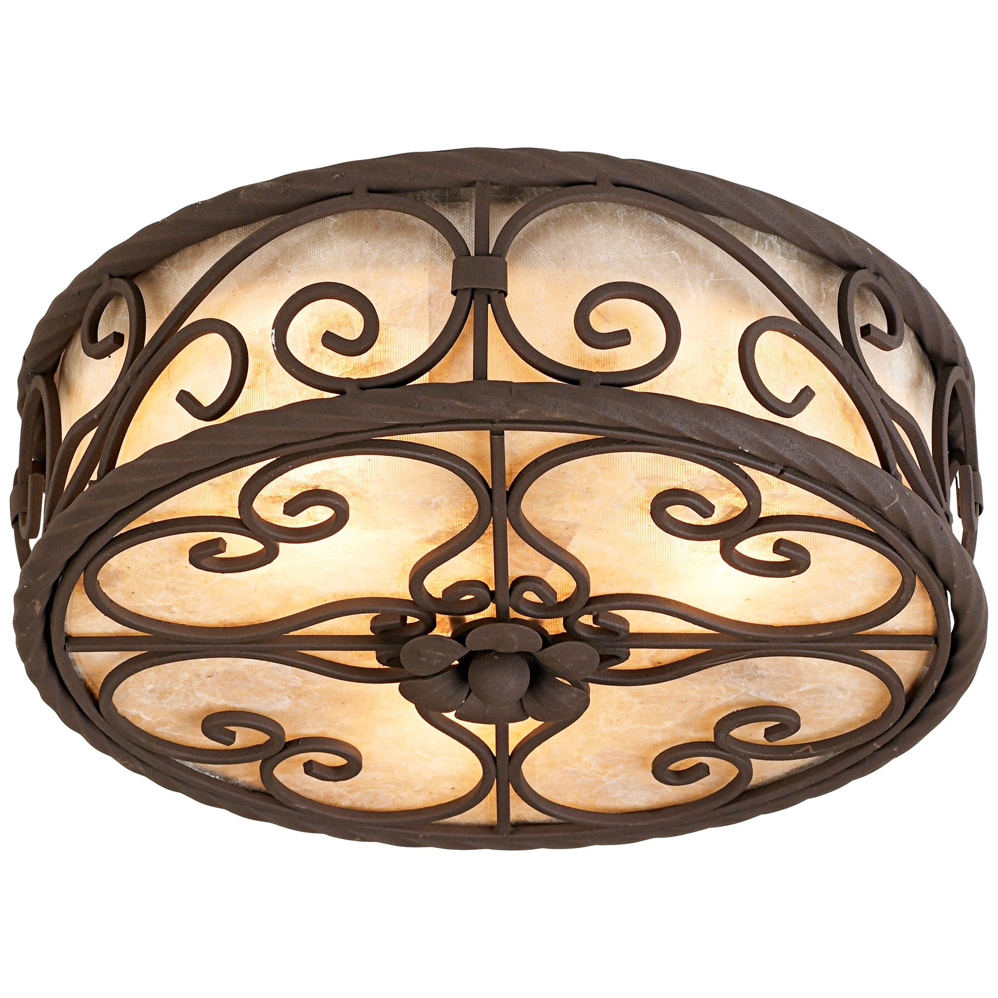 John Timberland Natural Mica Rustic Ceiling Light Flush Mount Fixture 12" Wide Dark Walnut Scroll 3-Light Drum Shade for Bedroom Kitchen Living Room