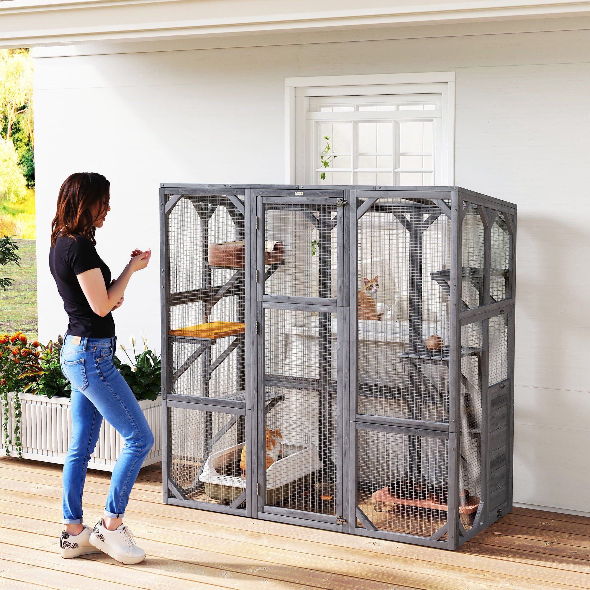 PawHut Catio Outdoor Cat Enclosure, Large Wooden Cat House with 6 Jumping Platforms, Weatherproof Roof, for 1-3 Cats, 59" x 28" x 60", Gray