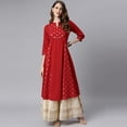 thumbnail image 3 of Janasya Indian Chinese Neck 3/4 Sleeve Ethnic Motifs Maroon Poly Crepe Kurta For Women, 3 of 7