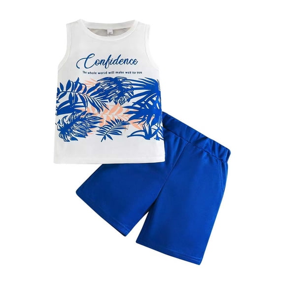 Hienoo Toddler Boys Summer Outfits Tropical Leaf Print Tank Top & Shorts Outfits, White