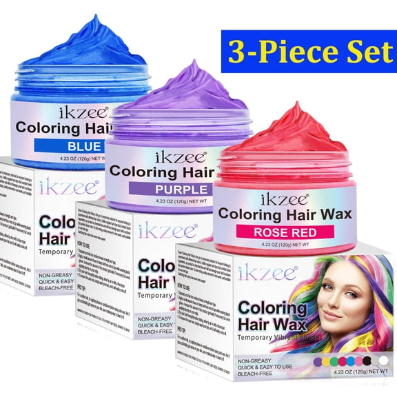 3-Piece Set ikzee Coloring Hair Wax (Rose Red Purple Blue), Hair Styling Clay for Cosplay Party, for Women Men Kids