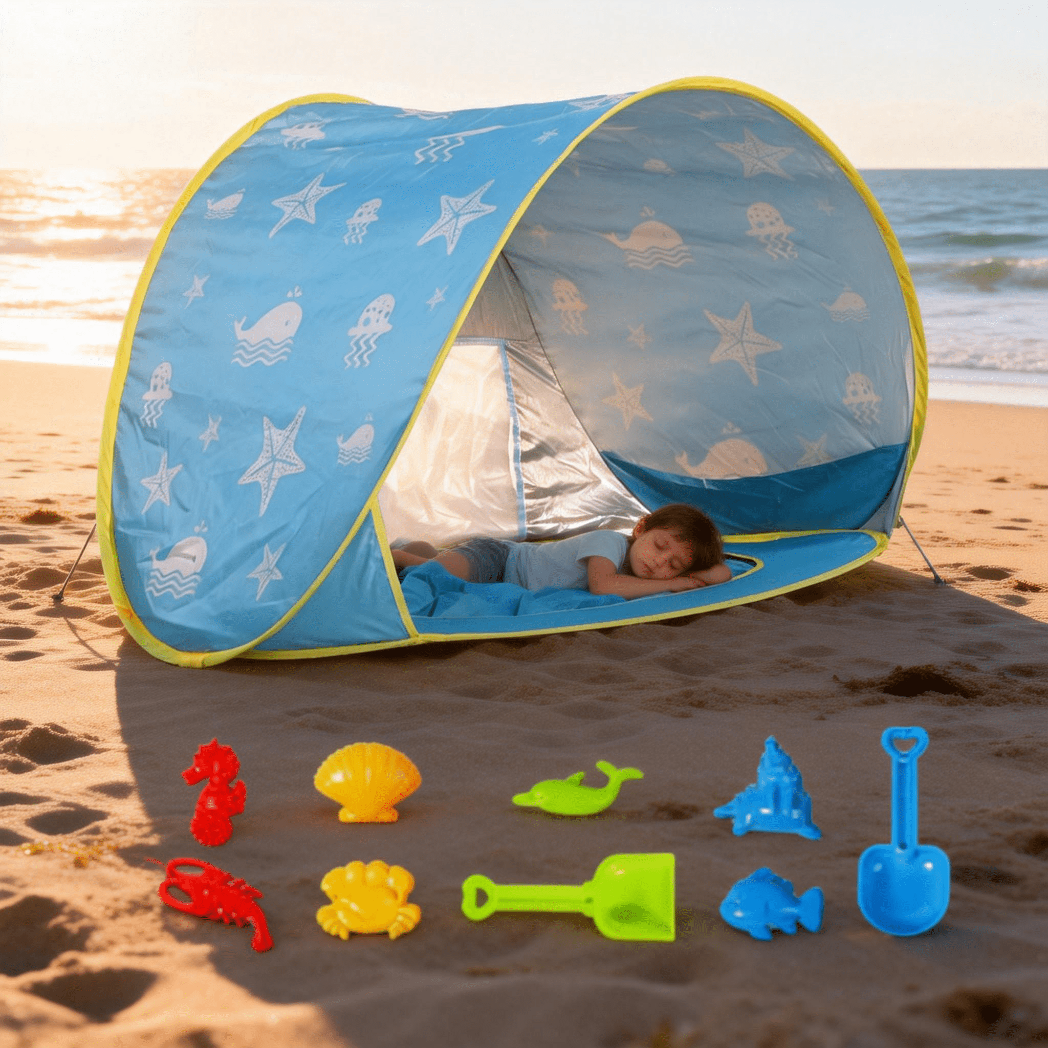 PigPigPen Pop Up Sun Shelter for Baby: Beach Tent with UV Protection & Waterproof Cabana - Infant Pool Shade Umbrella（Equipped with beach toys）