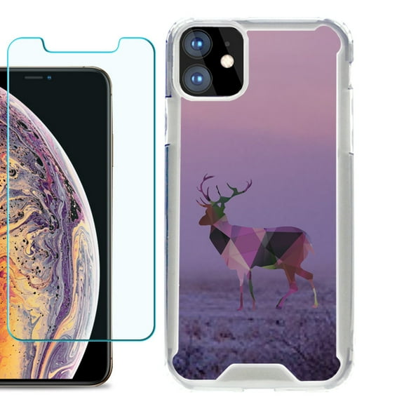 For Apple iPhone 11 Case, Hybrid Bumper Phone Case, with Tempered Glass Screen Protector, by OneToughShield ® - Deer/Polygon