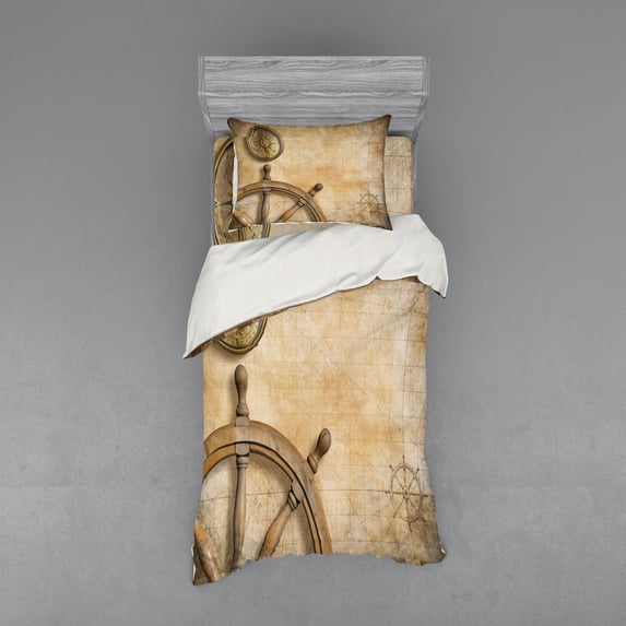 Ambesonne Vintage Bedding Set 3 Pcs, Wooden Wheel Compass, Twin, Beige