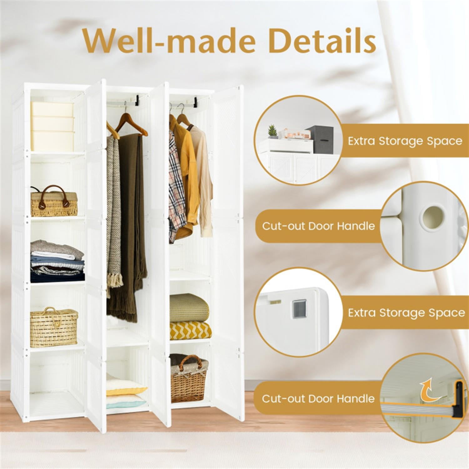 Demi Bonn Foldable Bedroom Armoire Portable Wardrobe Closet Clothes Storage Organizer with 10 Cubes, Magnet Doors, White