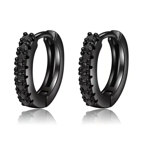 Gun Black Rhodium Plated Black Cubic Zirconia Men & Women Huggie Hoop Earrings