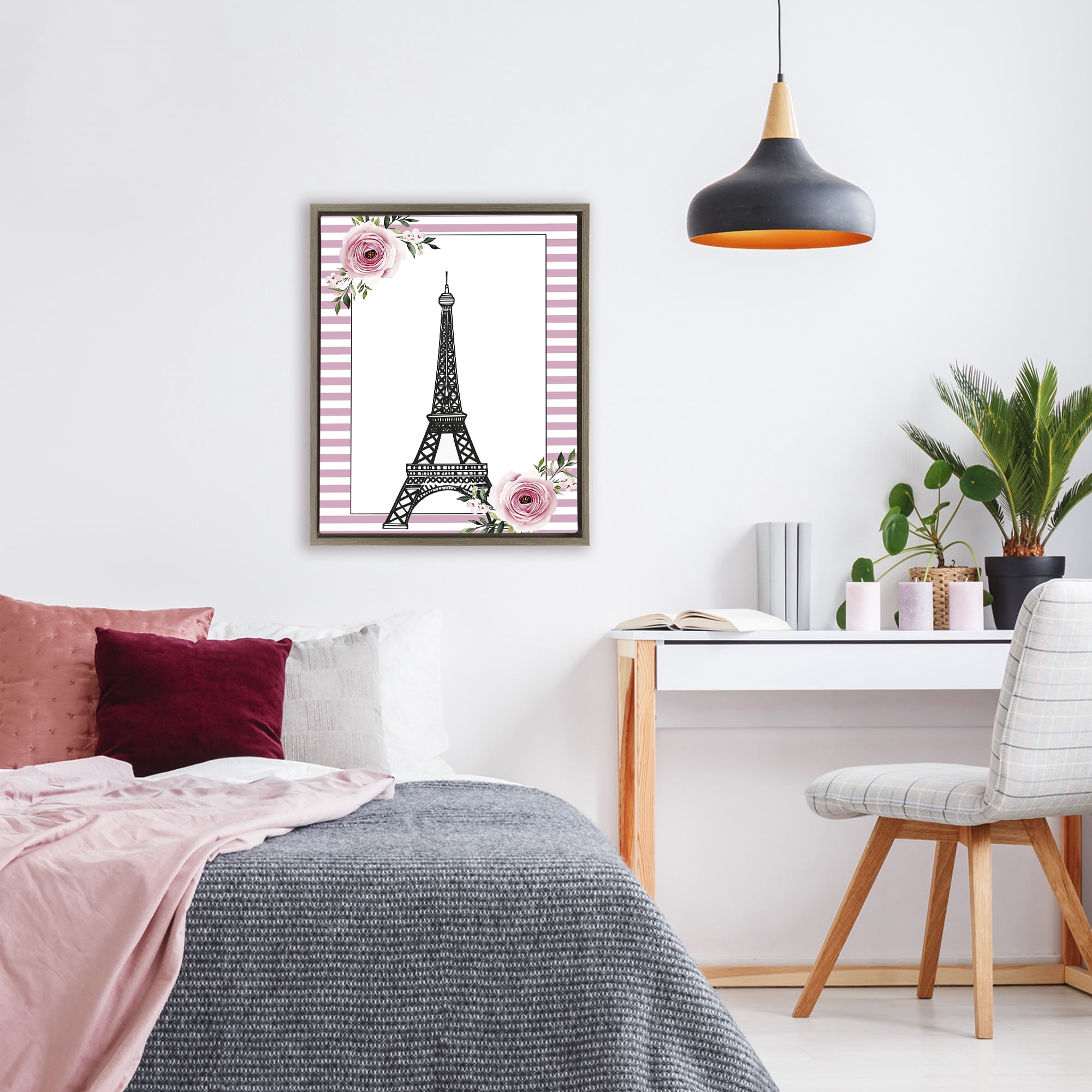 Parisian Tower & Roses Brown Framed Floater Canvas Wall Art, design by Christine Simpson Art