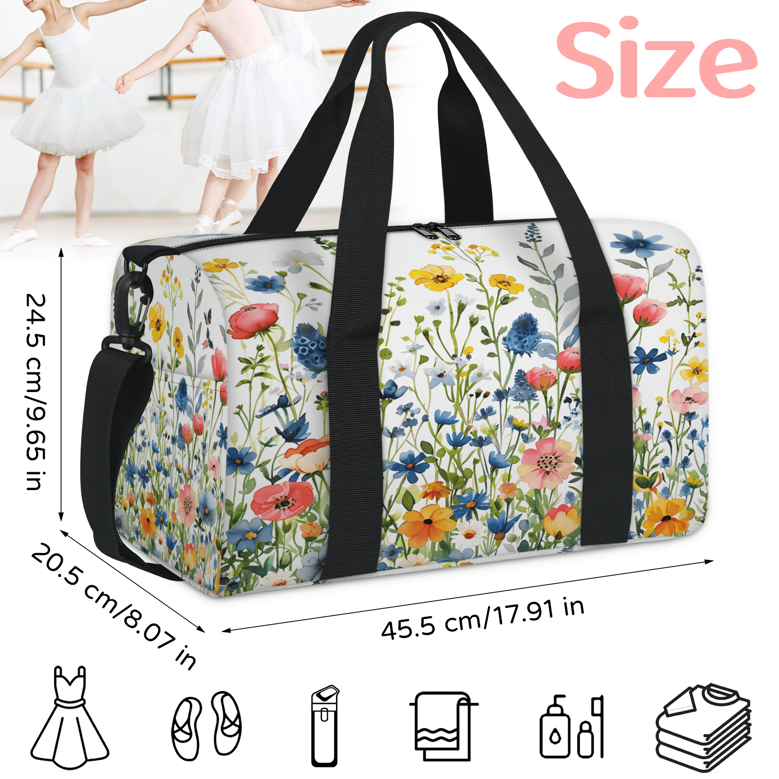 Herdesigns Colorful Floral Gym Bag for Women, Duffle Bag for Travel Sport, Cute Spring Summer Floral Lightweight Waterproof Carry on Weekender Dance Yoga Workout Bags
