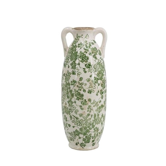 HomeRoots 574227 14 in. Green & White Leaf Amphora Ceramic Table Vase