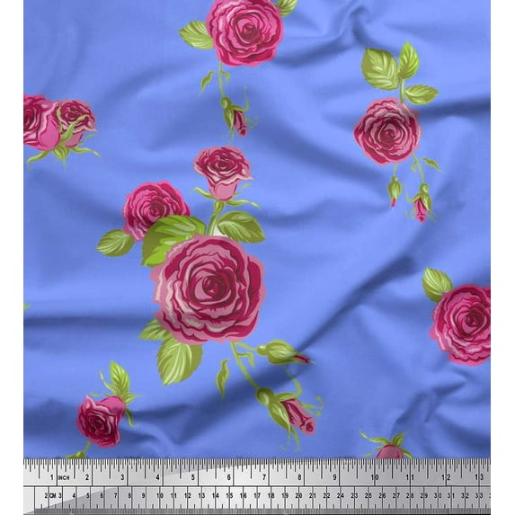 Soimoi Blue Cotton Voile Fabric Leaves & Pink Rose Flower Print Fabric by The Yard 42 Inch Wide