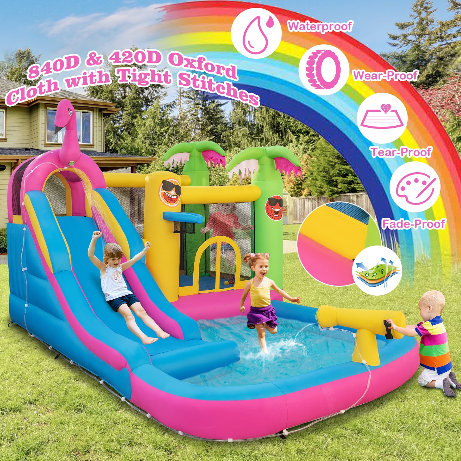 Topbuy 6-In-1 Dry Damp Combo Water Slide Inflatable Bouncy House with Climbing Wall Blowup Jumping Castle