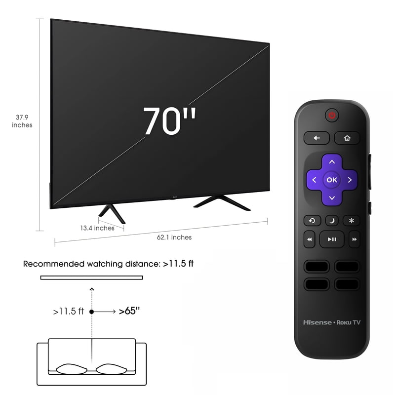 Hisense 70" Class 4K UHD LED LCD Roku Smart TV HDR R6 Series 70R6E4 front and back view