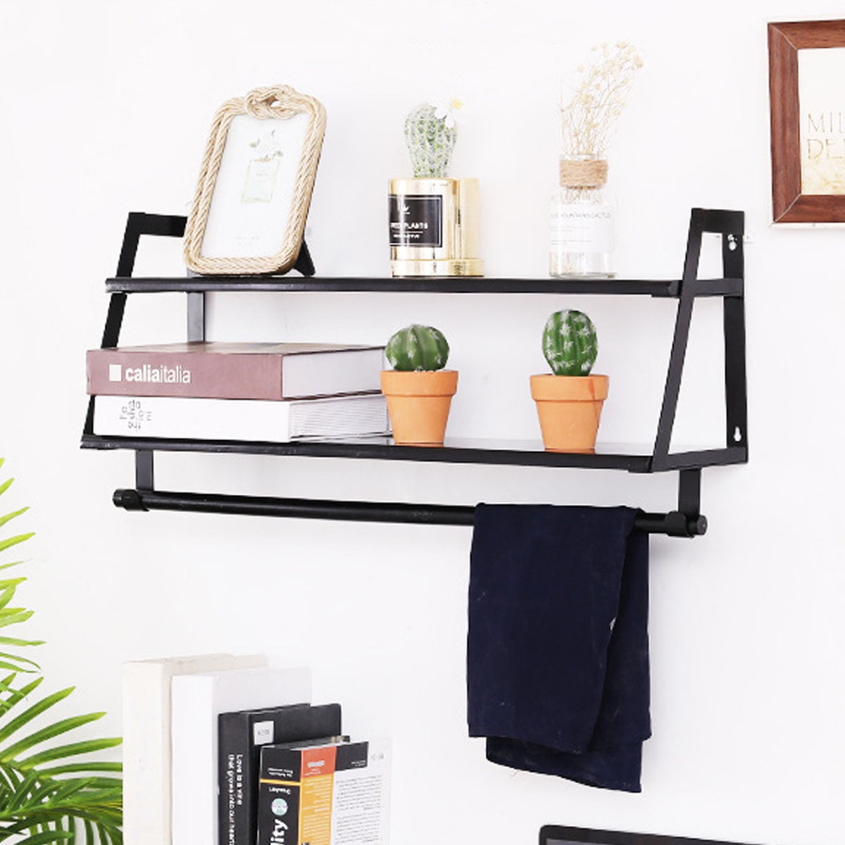 Buy Novashion 2 Tier Wall Floating Shelves with Towel Bar, Wood Black White Storage Shelf for