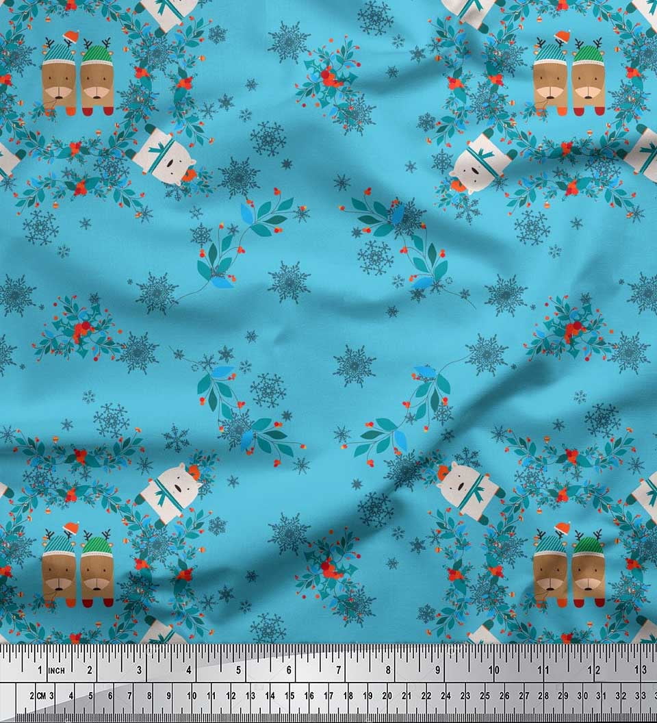 Soimoi Blue Velvet Fabric Bear,Leaves & Baubles Christmas Decor Fabric Printed Yard 58 Inch Wide