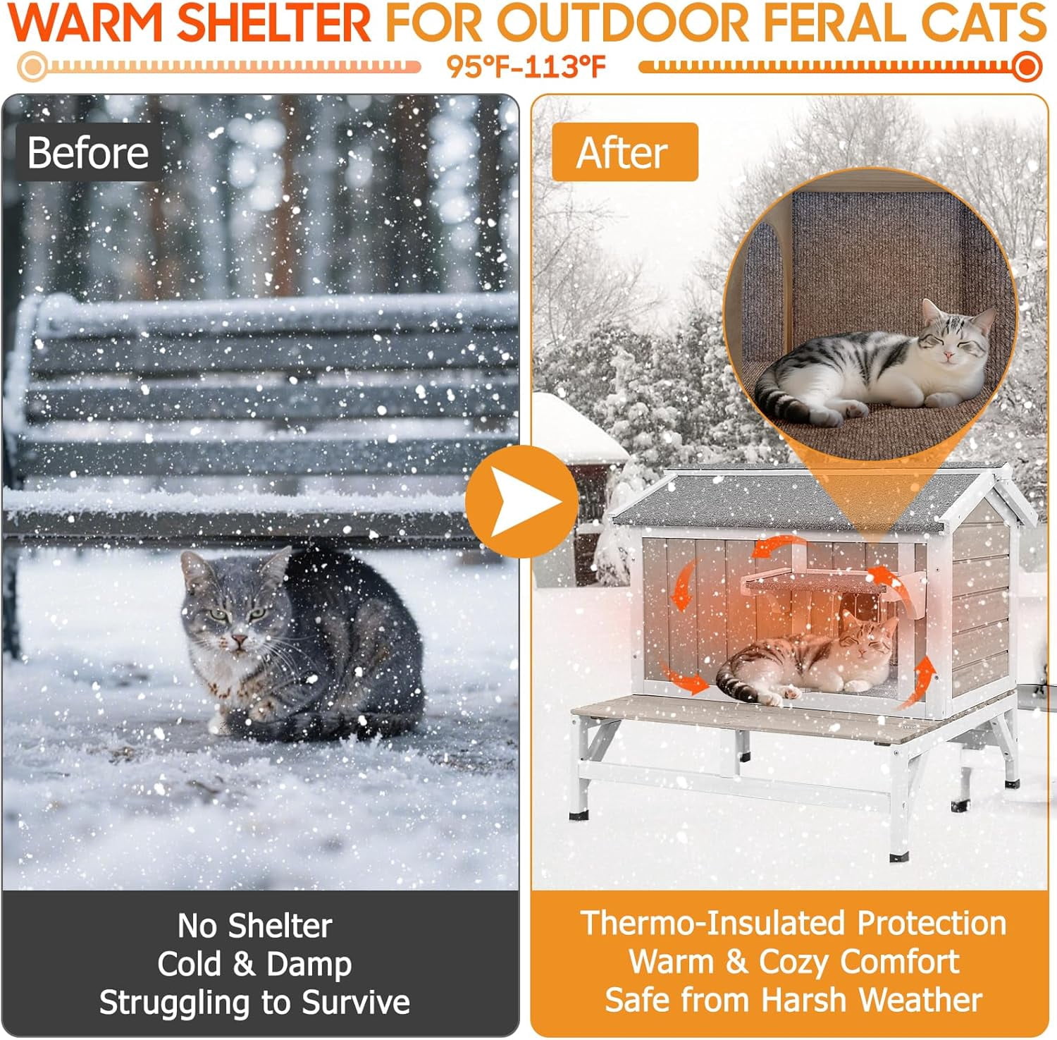 PETSCOSSET Cat House for Outdoor, Insulated Wooden Pet House with Raised Base & Openable Roof, Gray