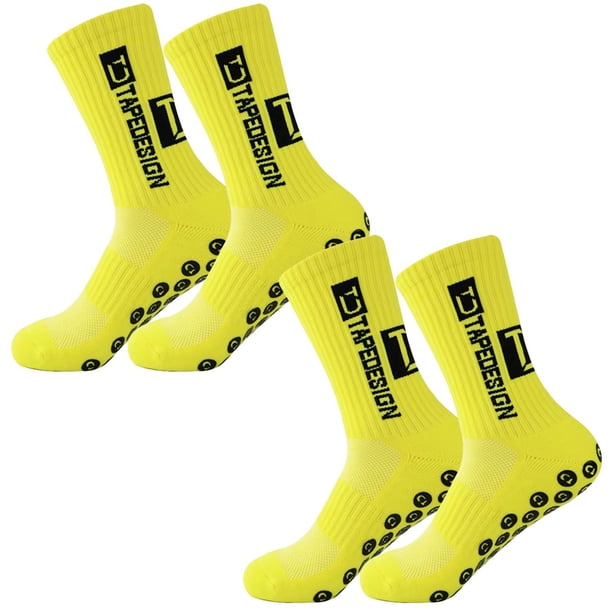 Calcetines de fútbol juveniles SpotYellow 2Pares Amarillo 6-12.5US TapeDesign Calcetines Tubo Medio Algodón