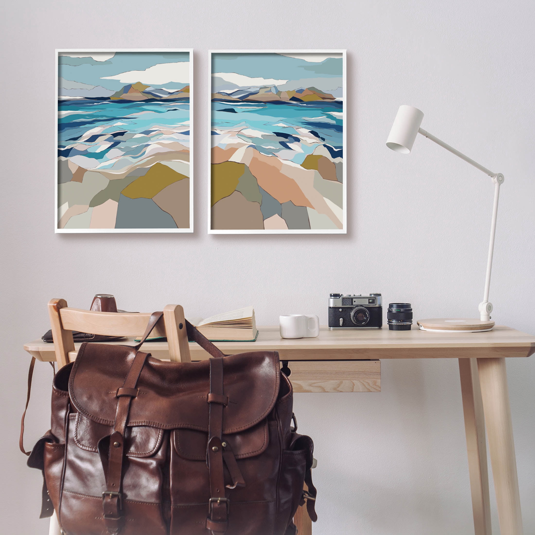 Stupell Industries Waterfront Geometric Abstract Painting Graphic Art White Framed Art Print Wall Art, Set of 2, Design by Nikita Jariwala