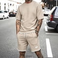 thumbnail image 2 of Hearthz Men's 2 Piece Short Sets Waffle Knit Men Short Sleeve Shirt and Shorts Set Workout Short Sleeve Summer Tracksuits Casual Set Beige M, 2 of 5