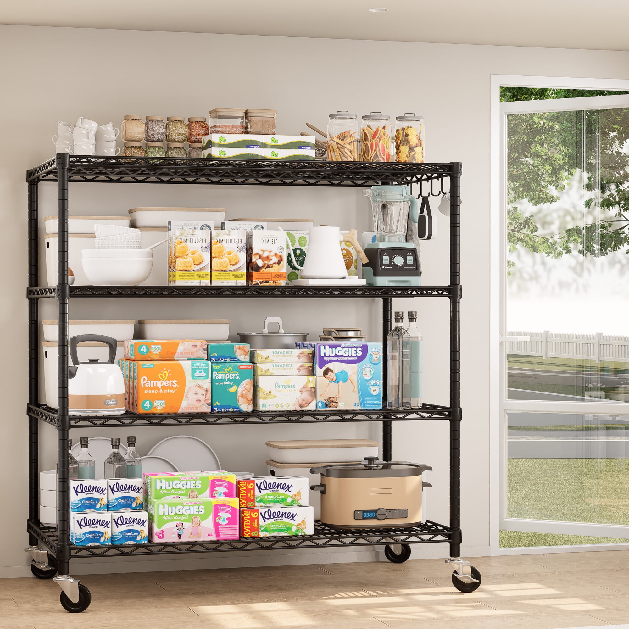TrumanPick 55.5"W x 24"D x 76"H Heavy Duty Storage Shelves - 2400LBS Garage Shelving with Wheels & Feet, 4-Tier Adjustable Metal Wire Shelving Unit for Pantry Kitchen Commercial Industrial, Black