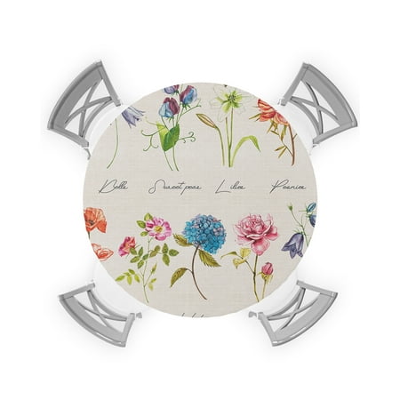 

Round Tablecloth with Elastic Herbs Vintage Flower Linen Texture Waterproof Stain-proof Table Cover Wipeable Fitted Table Cloths for 45 -54 Round Tables Dining Kitchen